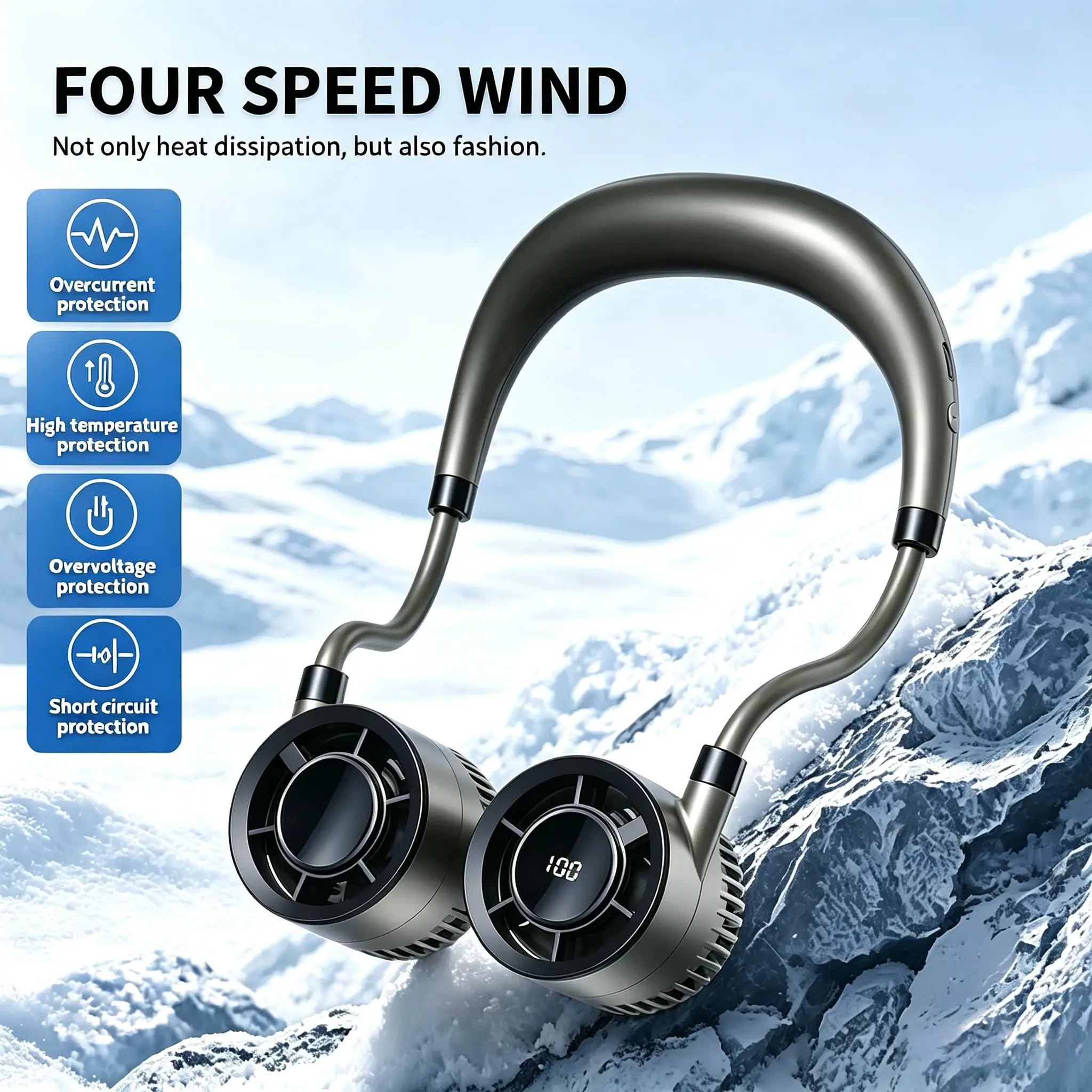Mini Portable Neck Fan with Turbine Digital Display 100 Speeds Bladeless Lightweight & Cool Type-C Charging For Outdoor Sports