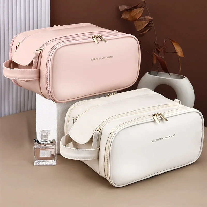 Double Zipper Handheld Portable Makeup Bag, High-End and High-Value Cosmetics Storage Bag, New PU Three-Layer Travel Bag WJ042