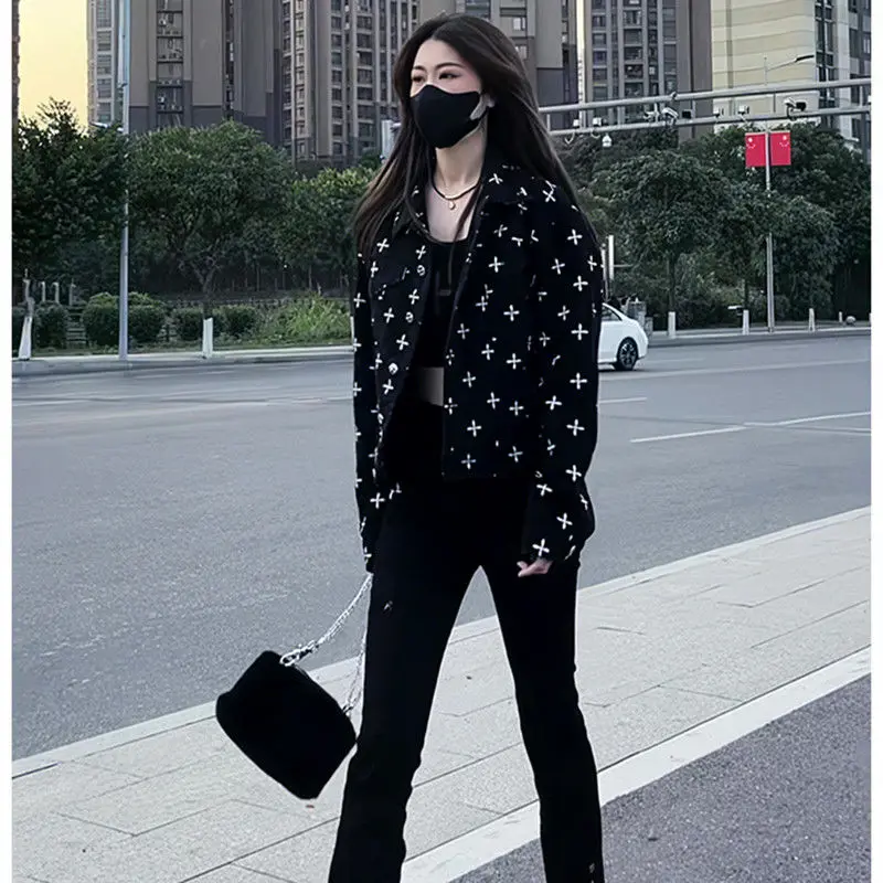 Retro Cross Flower Denim Black Coat for Women's Spring and Autumn 2023 New Korean Edition INS Loose Casual Versatile Top
