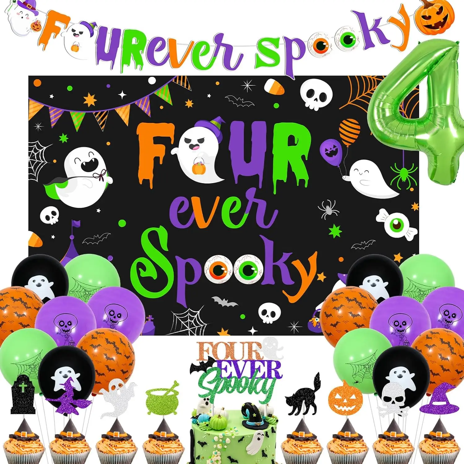 

Sursurprise Halloween 4th Birthday Party Decoration Backdrop Purple Green Cake Cupcake Toppers Banner for Bday Party Supplies