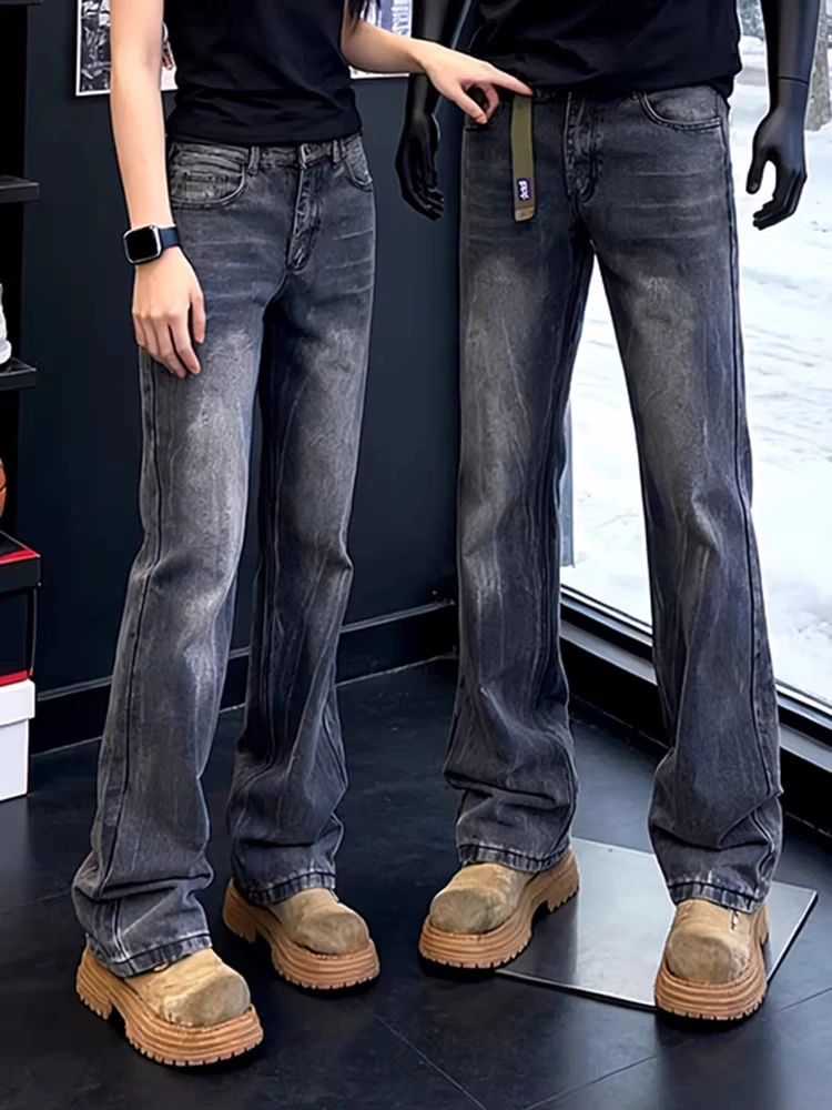 

Мужские джинсы в американском ретро-стиле с узором молнии, зауженные, с высокой талией, прямые, длинные брюки, весенние, уличный стиль, винтажные, с эффектом потертости