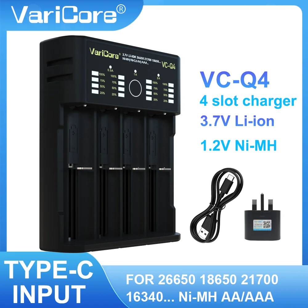 Pengisi Daya Baterai Cerdas VariCore VC-Q4 Portabel untuk Lithium 3.7V 18650 26650 21700 18500 18350 1.2V Ni-MH Ni-cd AA AAA