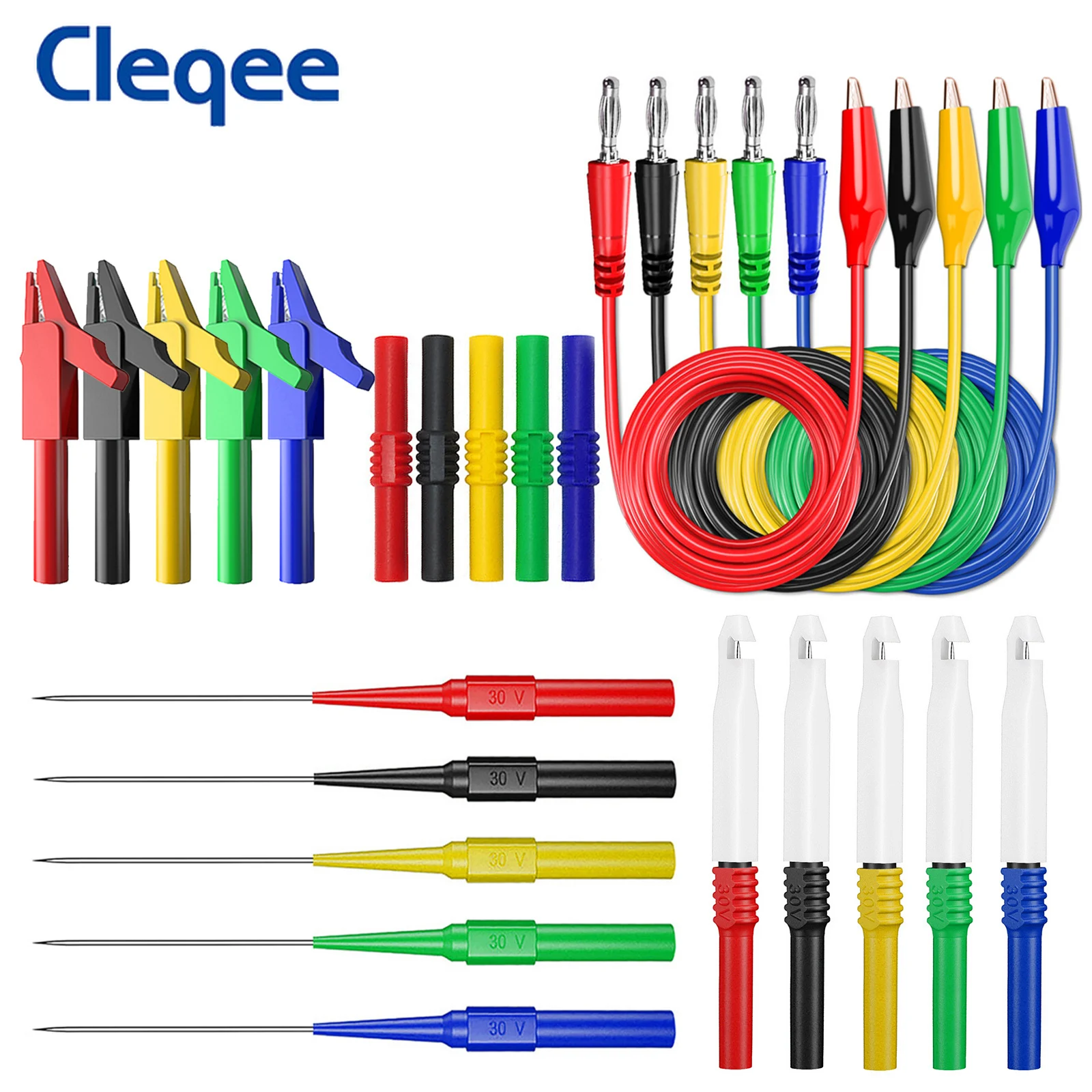 

Cleqee P1920A 25pcs Digital Multimeter Test Lead Kit Alligator Clip to 4MM Banana Plug with Test Probe Back Probe Kit 1M cable