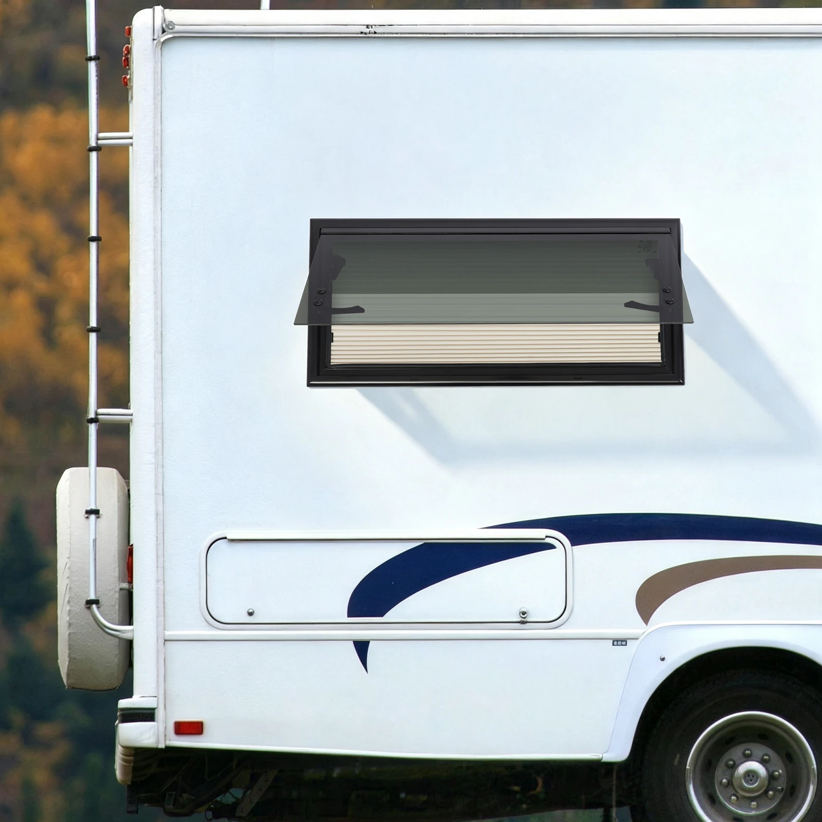 Fenêtre coulissante pour VR, fenêtre extérieure en verre trempé, verrouillage multi-positions, moustiquaire plissée, fenêtre de remplacement à montage sandwich pour VR, caravane, camping-car et autocaravane.