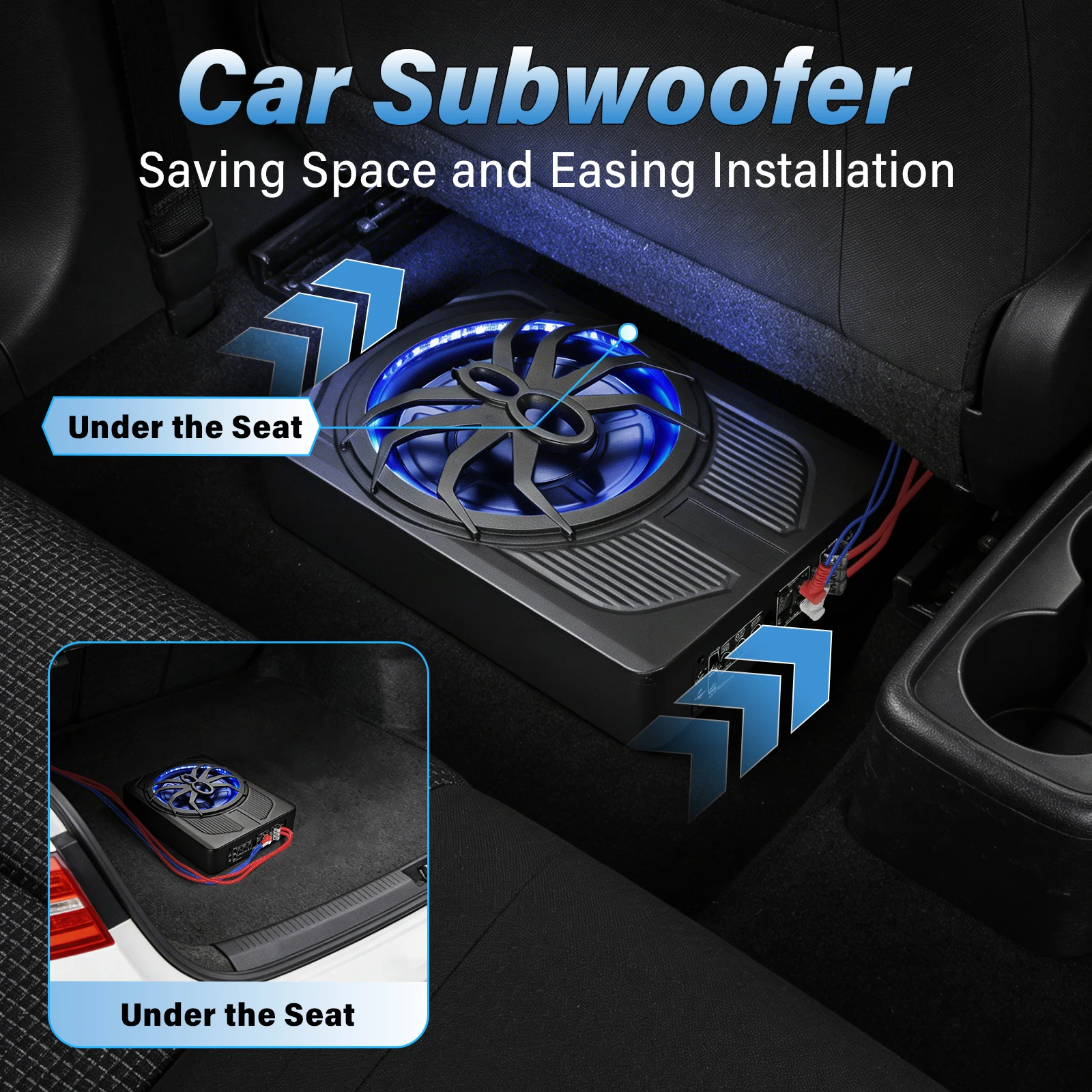 10 Zoll Aktiver Untersitz-Subwoofer mit Blauer LED-Beleuchtung, Kompakter Auto-Subwoofer für LKW, SUV, Fahrzeuge mit Begrenztem Platz, Kraftvoller Bass – Detail 8