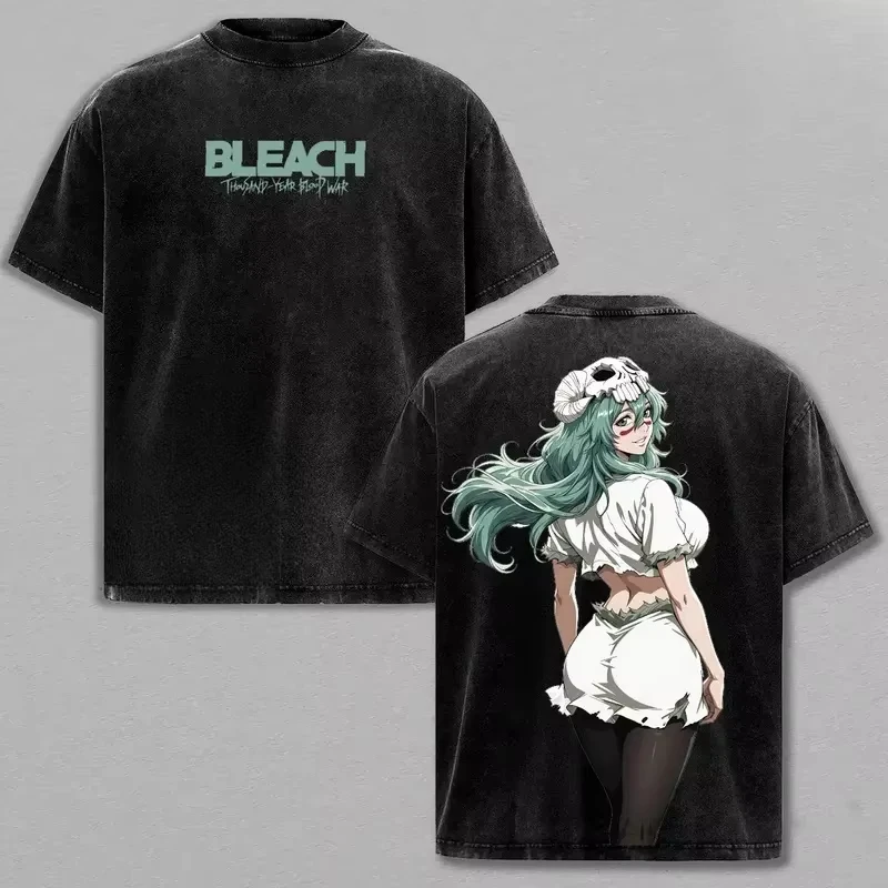 BLEACH Washed T-shirt Streetwear Trendy Cotton Oversized Unisex Printed Cotton Neutral Fashion Vintage Hip Hop Couples Classic