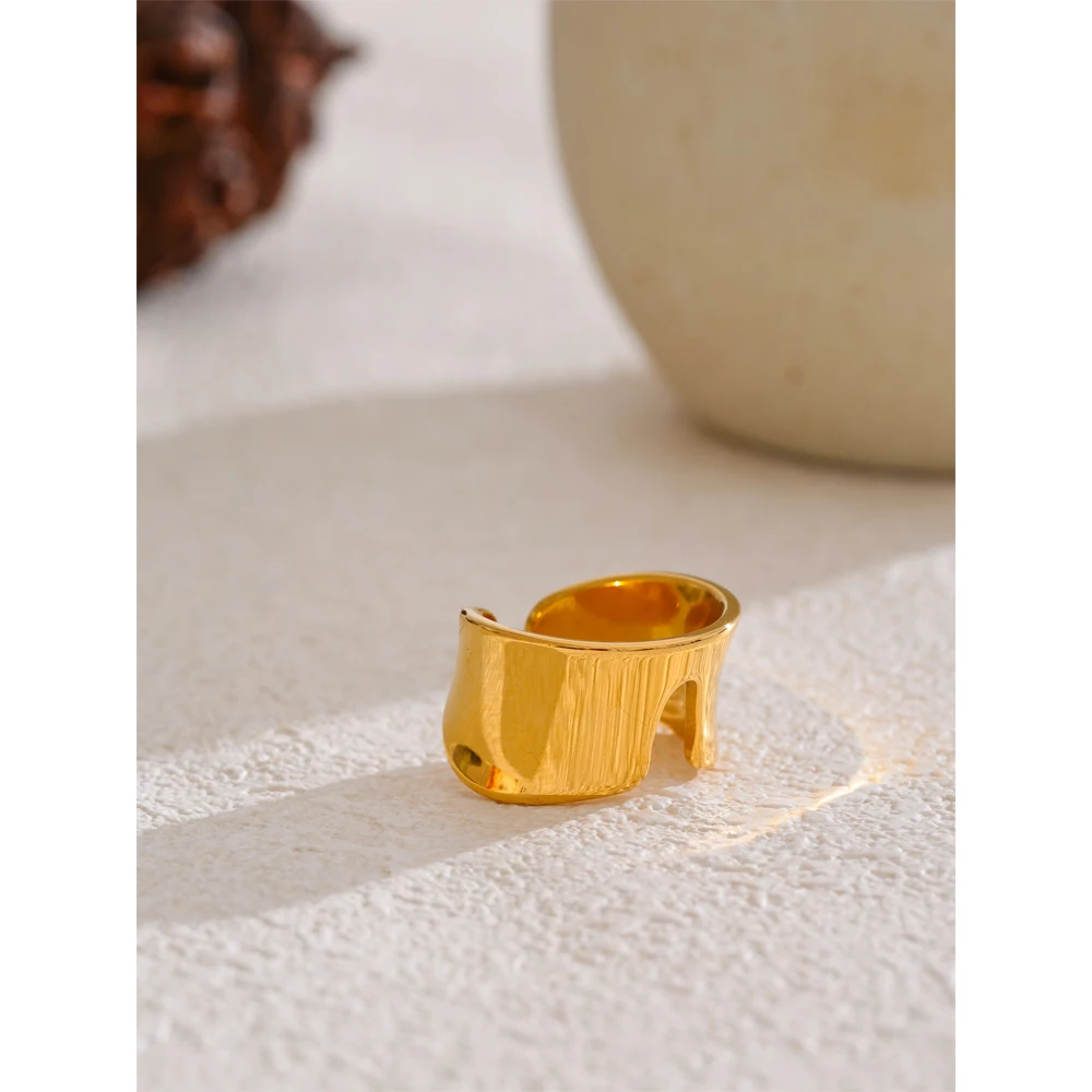 Yhpup Minimalist Stainless Steel Metal Cast Polished Open Personalized Ring Geometric Texture Golden Unusual Jewelry New