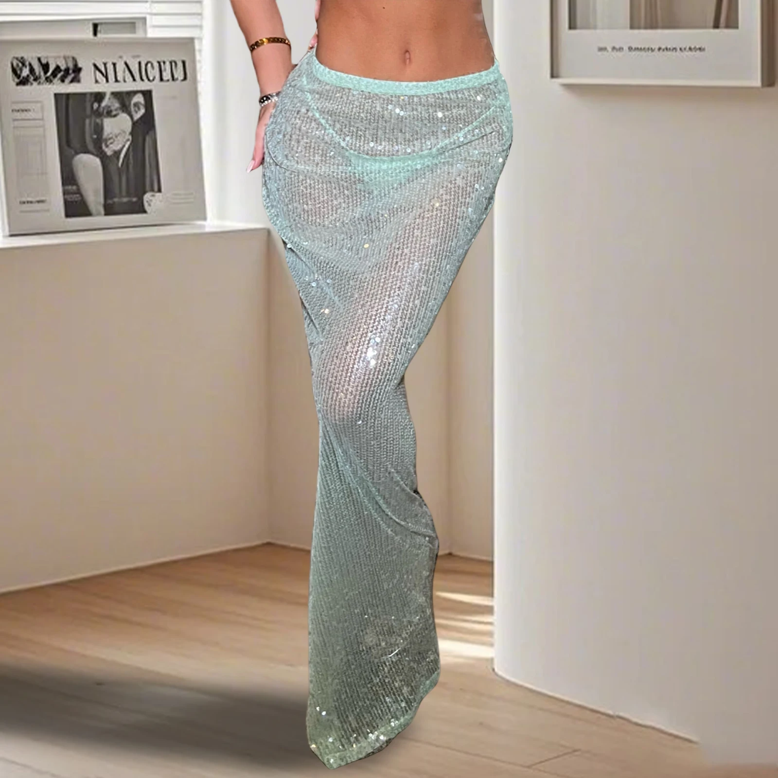 Damskie letnie spódnice maxi y2k Coquette Sexy z cekinami, przezroczyste, błyszczące, z elastyczną talią, długie, obcisłe spódnice na imprezę, do klubu.