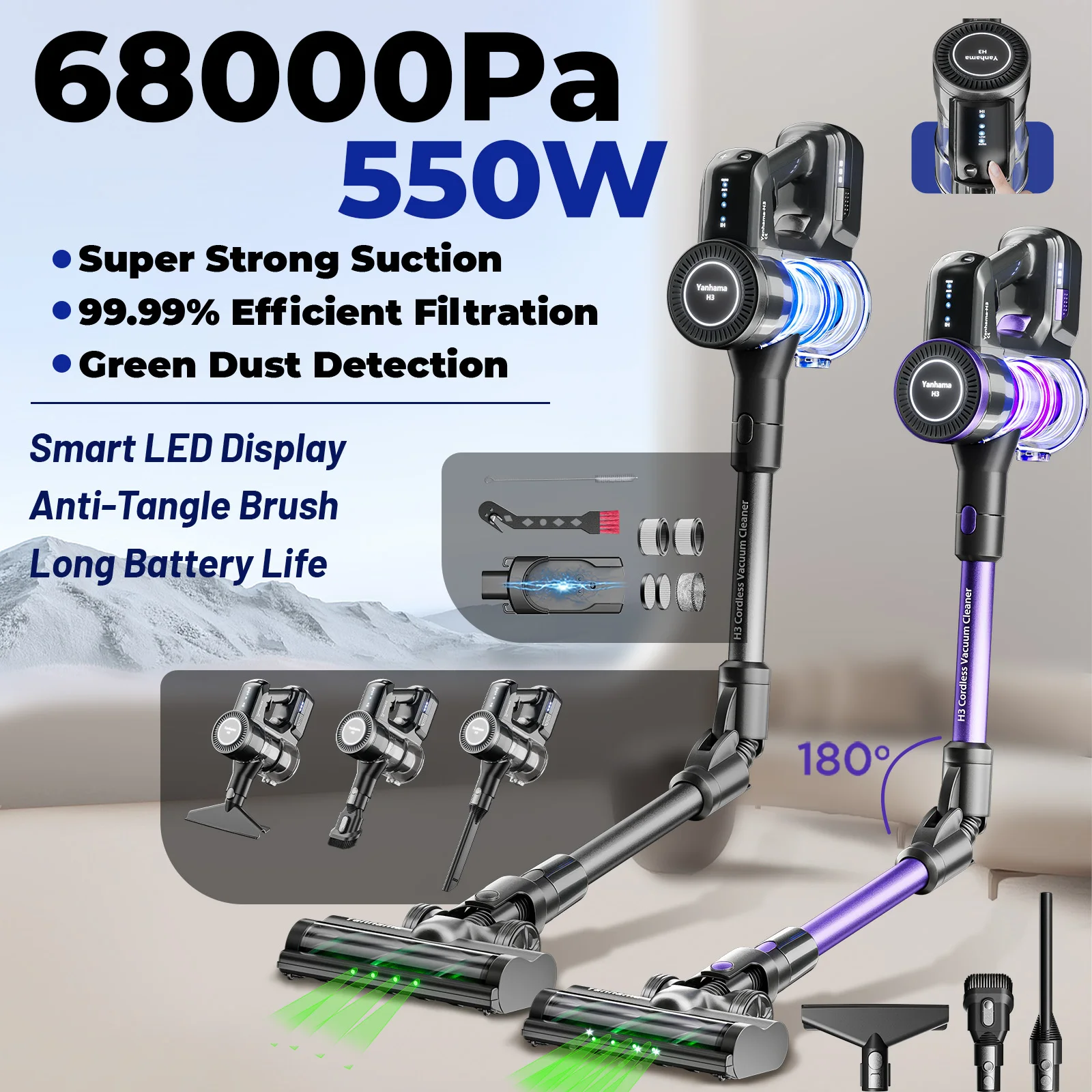 Yanhama Kabelloser Staubsauger - 68000Pa/550W Stabstaubsauger mit Ladestation, Leichter Handstaubsauger für Teppiche