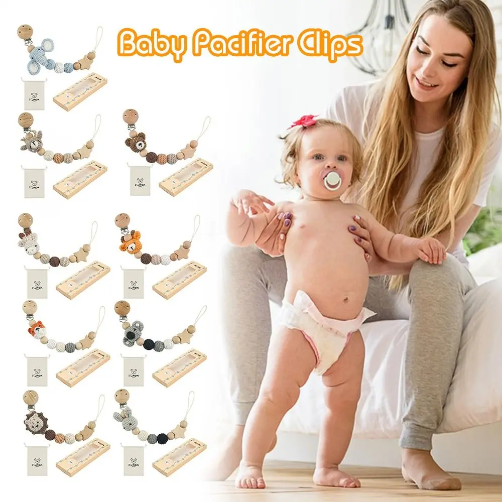 

High Quality Beech Wood Teething With Storage Bag Soother Chain Pacifier Holder Pacifier Clips Dummy Holder