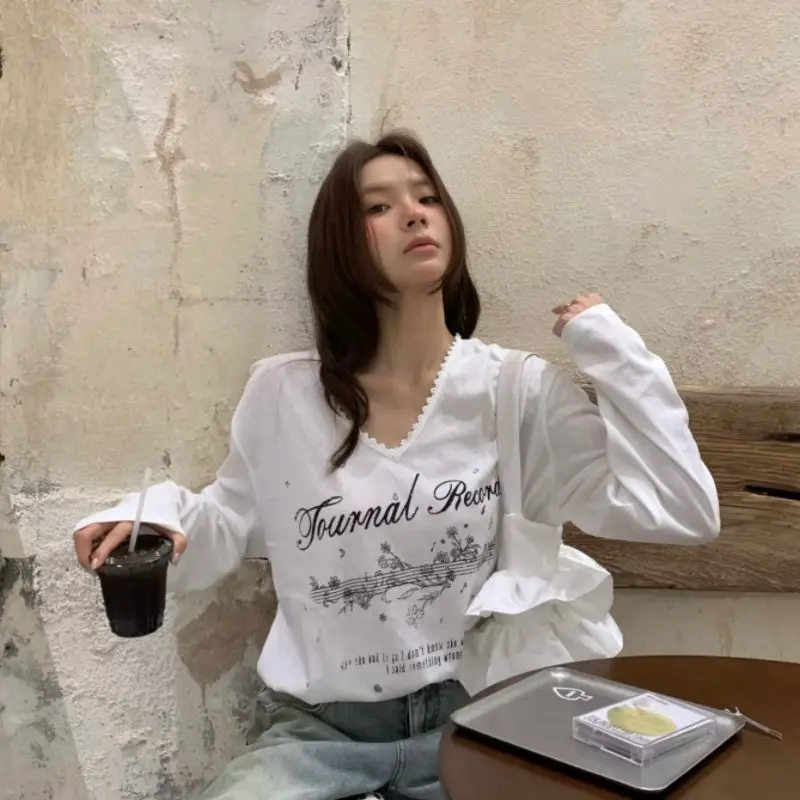 Girls Home Trendy Summer Fashion Style French Alphabet Painting V-neck Gear Craft Long Sleeve Ladies T-shirt Top