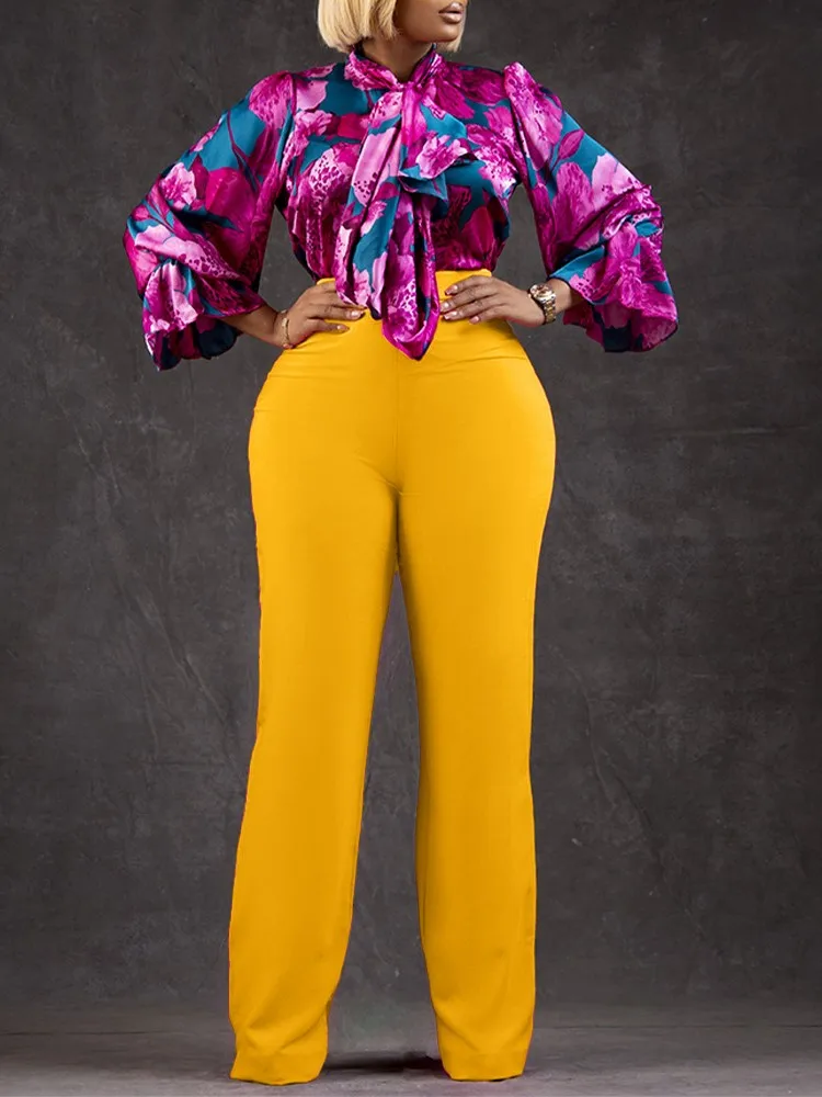 الخريف والشتاء عادية مطبوعة قميص طويل الأكمام والسراويل واسعة الساق قطعتين مجموعة للنساء موضة أنيقة 2 قطعة مجموعة جديد