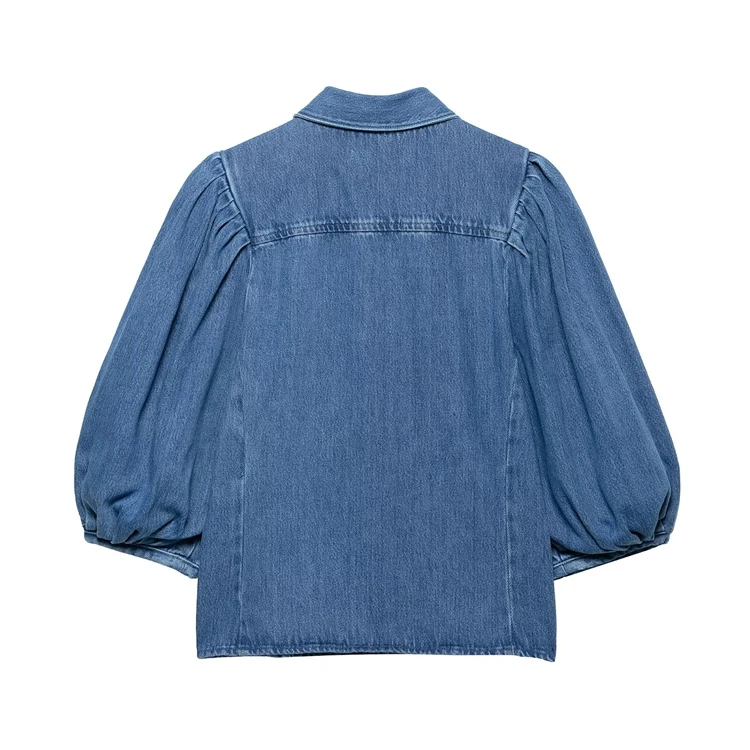 High Street Jean Shirts Tops Spring New Product Women's Fashion and Comfortable Cowboy Collar Puff Sleeve Denim Shirt