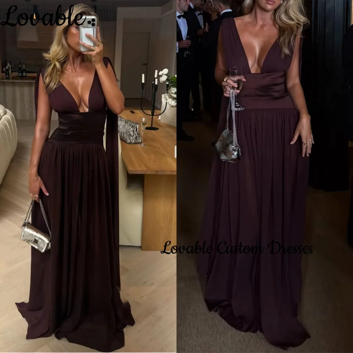 

Women'S Evening Dresses Customize A-Line Deep V-Neck Prom Dresses Floor-Length Sleeveless Wedding Party Dress Ruffle Zipper Up