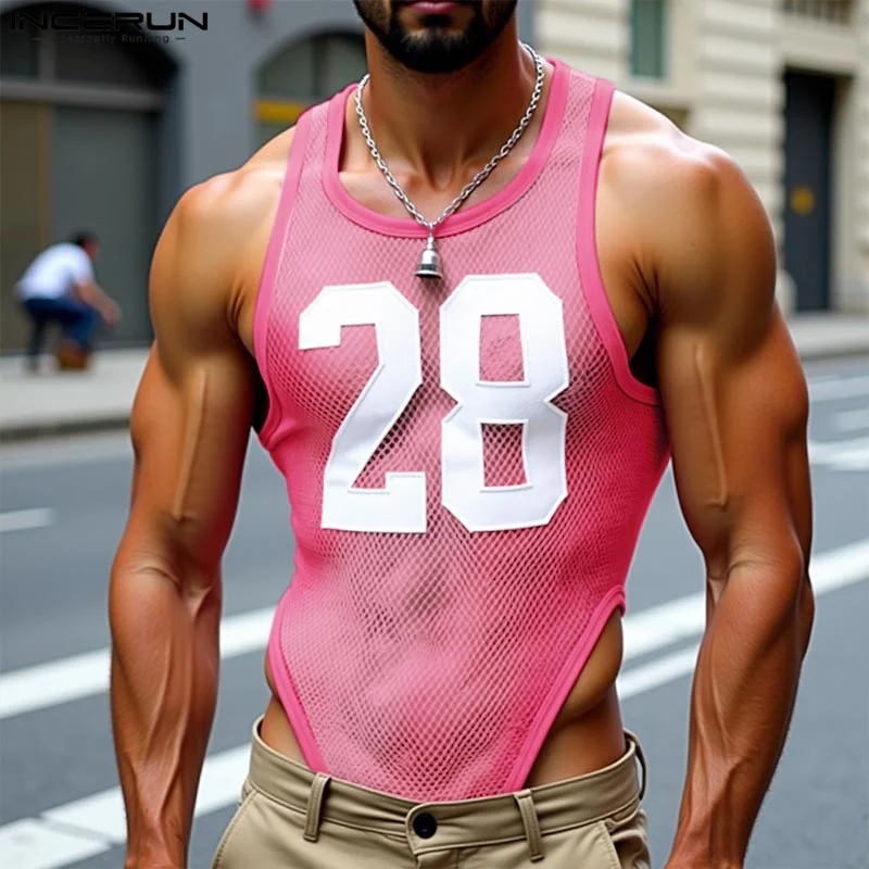 INCERUN 男性ボディスーツメッシュ透明パッチワーク O ネックノースリーブ男性タンクトップボディスーツ夏セクシーな 2025 ロンパースストリート