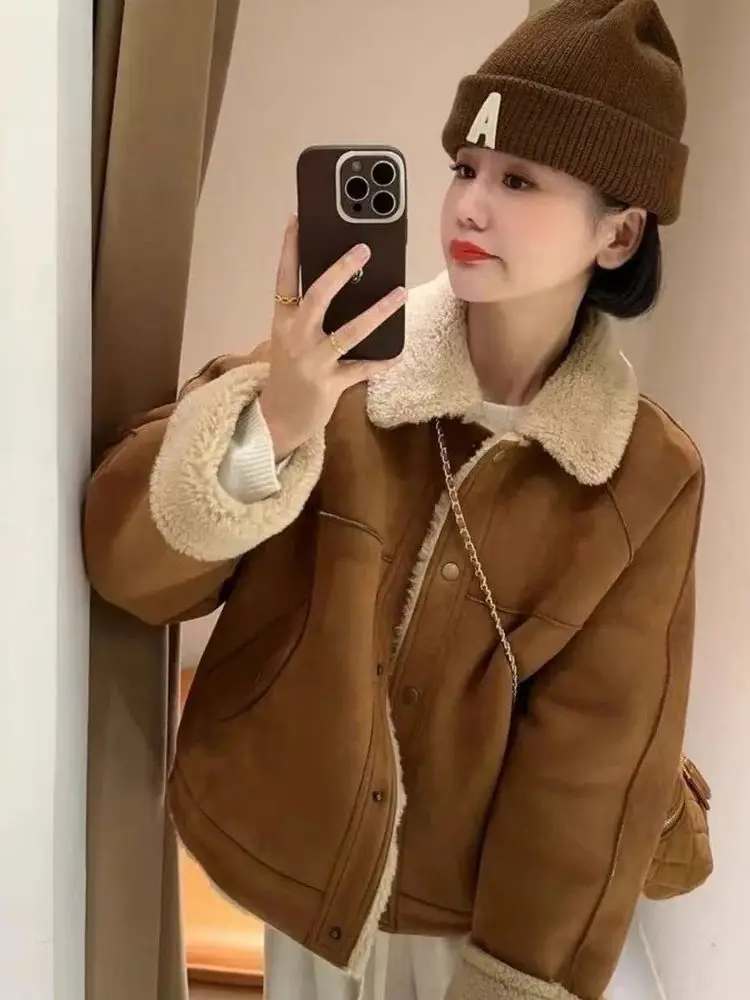 한국 스타일 양털 칼라 여성용 자켓 가을 겨울 가죽 퍼 루즈핏 소형 코트