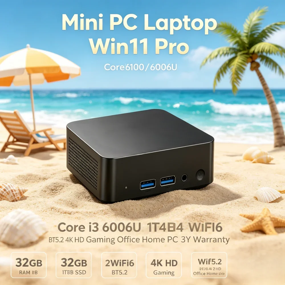 Mini PC Laptop Win11 Pro Core i3 6006U 32GB RAM 1TB/2TB SSD WiFi6 BT5.2 4K HD Gaming Office PC 3-Year Warranty