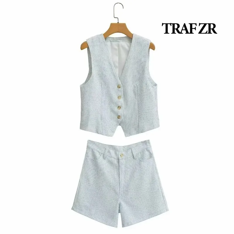 TRAF ZR-Conjunto de 2 piezas para mujer, pantalón corto de manga corta con cuello en V, informal, para vacaciones