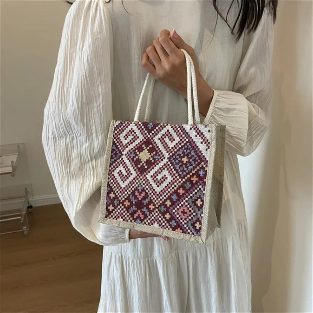 

Flower Pattern Linen Handbag For Women Fashion Designer Bag Convenient Large-Capacity Shopper Tote Travel Grocery Storage Bag