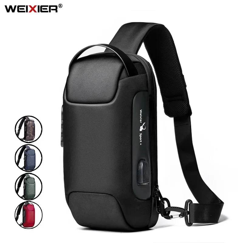Torba na ramię WEIXIER dla mężczyzn, wodoodporna, z USB, męska torba crossbody, antykradzieżowa, krótka torba podróżna, listonoszka, modna designerska torba na klatkę piersiową.