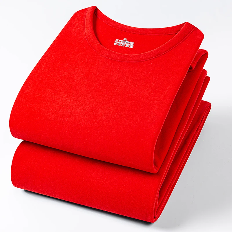 Men Lucky Red Thermal Underwear Set Solid Long Sleeve Top Pants Warm Base Layer Long Johns Winter Sleepwear Pajamas Big Size 8XL