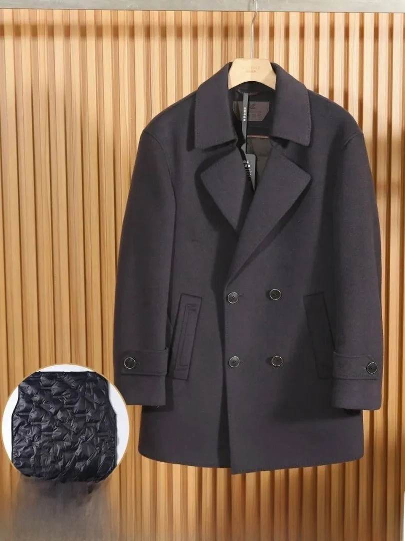 Men's Mid-Length Woolen Coat Duck down Inner Business Casual Double-Breasted Notch Collar Winter Warm Fashion City Coat