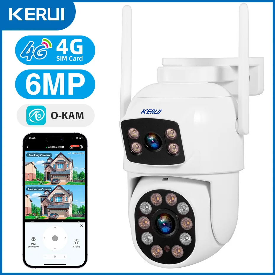 KERUI 4G SIM 카드 야외 카메라 – 3K 6MP 듀얼 렌즈, 홈 보안 CCTV 비디오 감시 및 인간 감지 야간 투시 기능