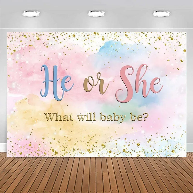 

Watercolor He or She Gender Reveal Backdrop Boy or Girl Baby Shower Photography Background What Will Baby Be Decoration Banner