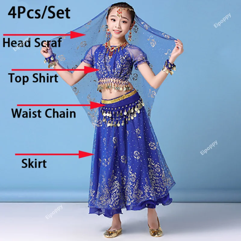 Ropa de danza del vientre para niños, ropa de danza del vientre para niños, vestido de ropa de danza del vientre de la India oriental, 4 piezas por conjunto, nuevo