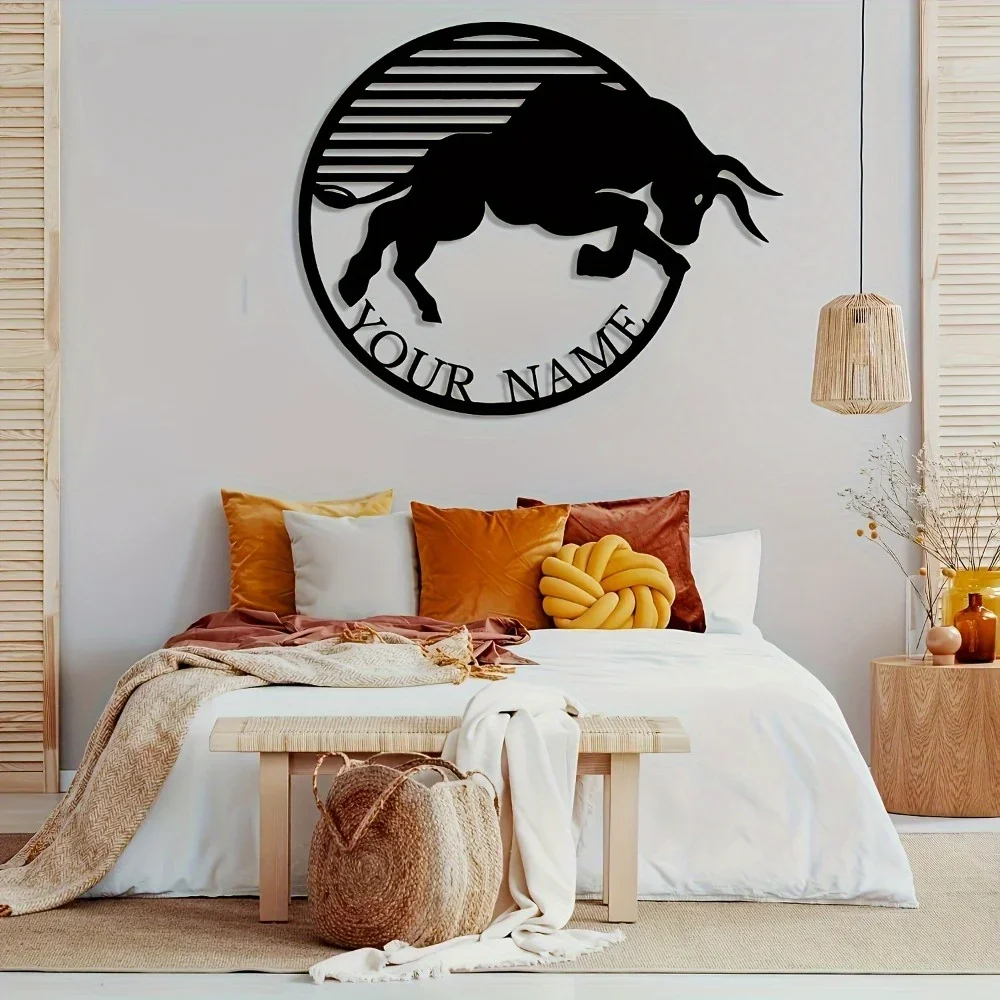 1PC Unique Tailorable Black Metal Bull Wall Art Decorative Plaque Customize with Name Ideal Bohemian Gift Distinctive Wall Deco