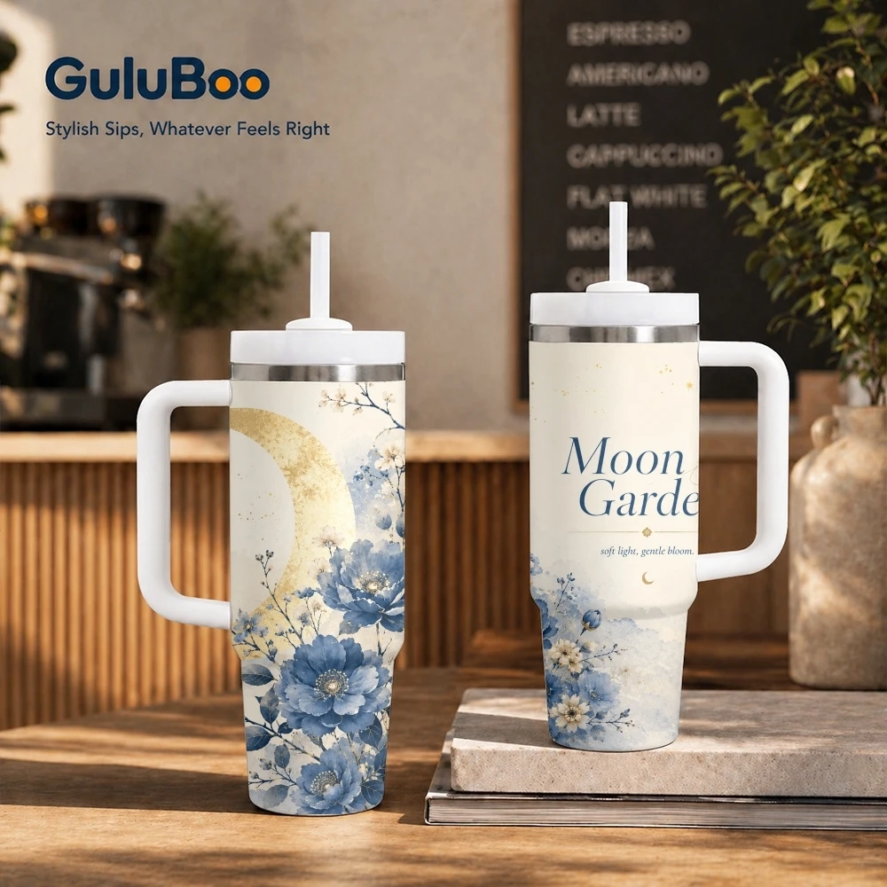 Midnight Moon Garden Vacuum Flasks 40oz Stainless Steel Insulated Tumbler With Handle & Straw Leakproof Travel Mug