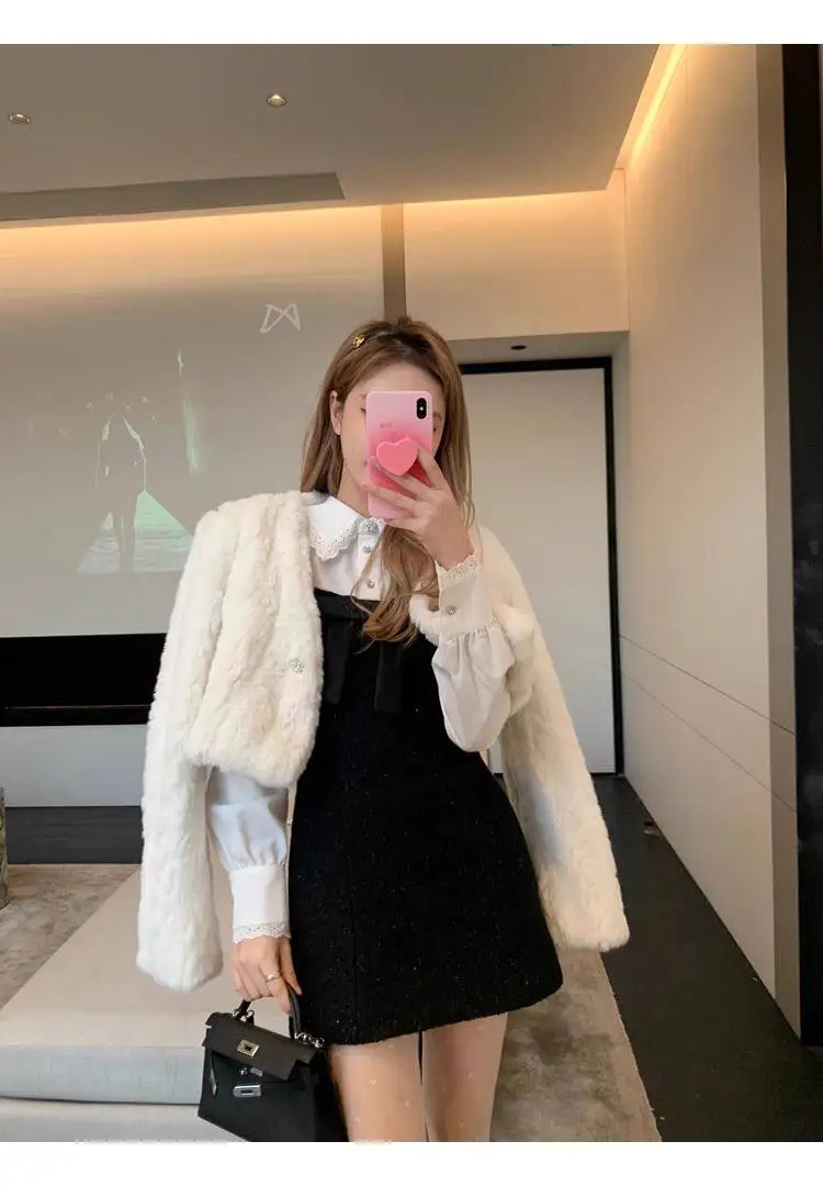 Chic V Neck Cropped Faux Rabbit Fur Jacket Women Elegant Single Button Plush Coats Woman Autumn Winter Fluffy Fleece Outerwear