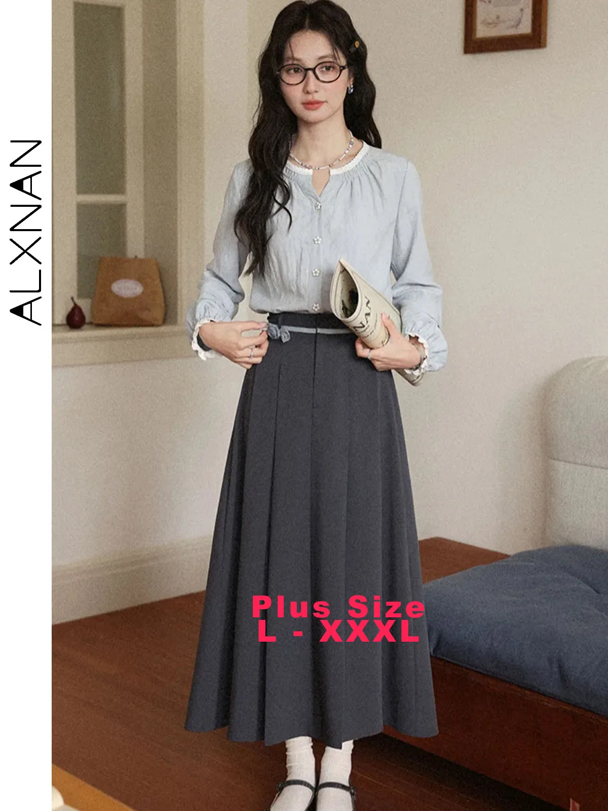 

ALXNAN Plus Size Gray Pleated Women's Midi Skirt Office Lady Long A-line Skirts Loose-fit Elegant Casual Female Clothing D12560