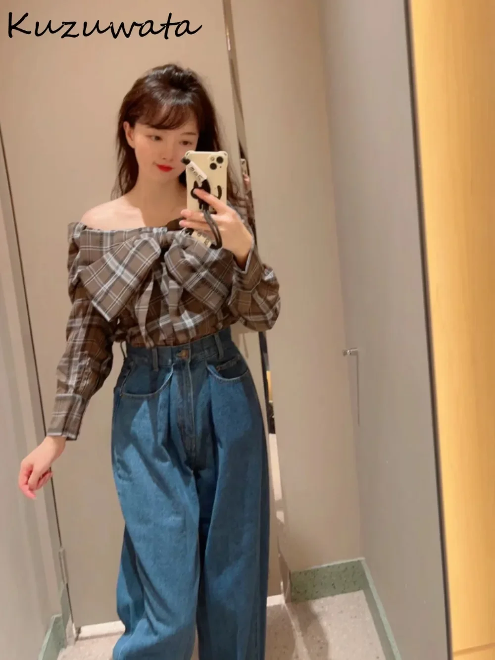 Kuzuwata Sweet Square Collar Long Sleeve Plaid Shirt Off Shoulder Elegant Fresh Bow Blusas Japan Casual Fashion New Blouses