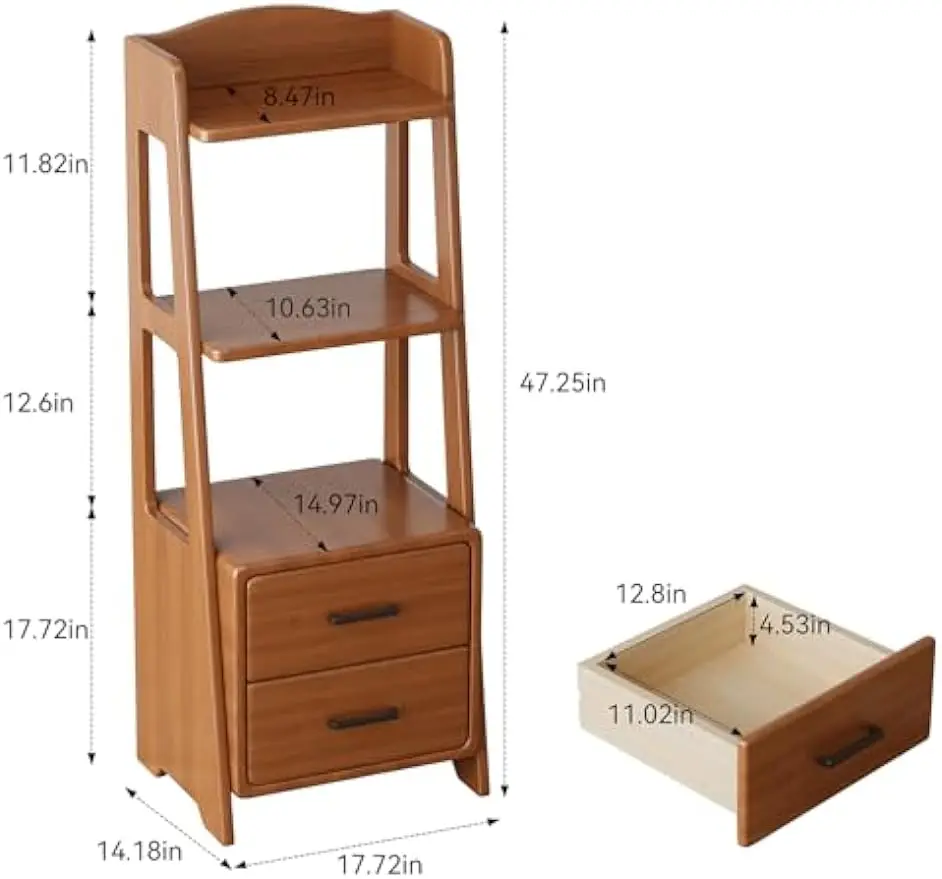 Comodino in legno massello con 2 cassetti e ripiani aperti, tavolino in noce, tavolino in legno, comodino per camera da letto