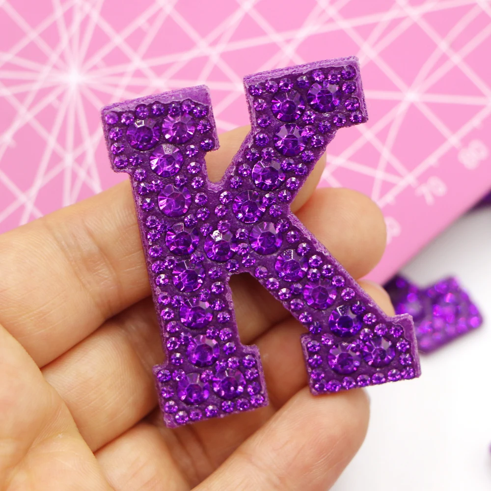 1PC Purple A-Z  Iron-on Colorful 3D Rhinestone English letter Patches for Clothes Embroidery Appliques Clothing Name Diy Badges