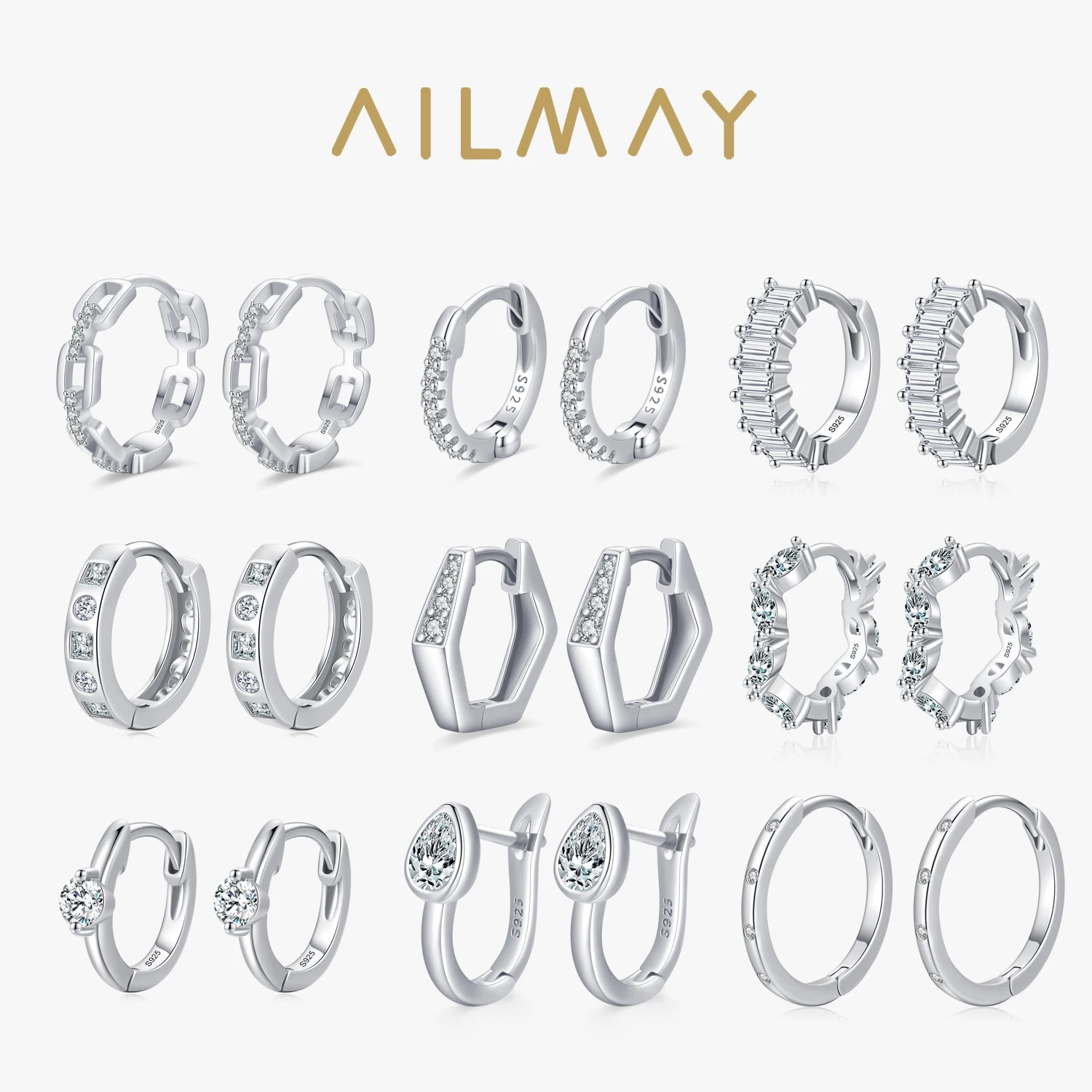 Ailmay Fashion Silver Sparkling Wedding Earring 925 Sterling Silver Circle Clear CZ Hoop Earrings For Women Wedding Fine Jewelry