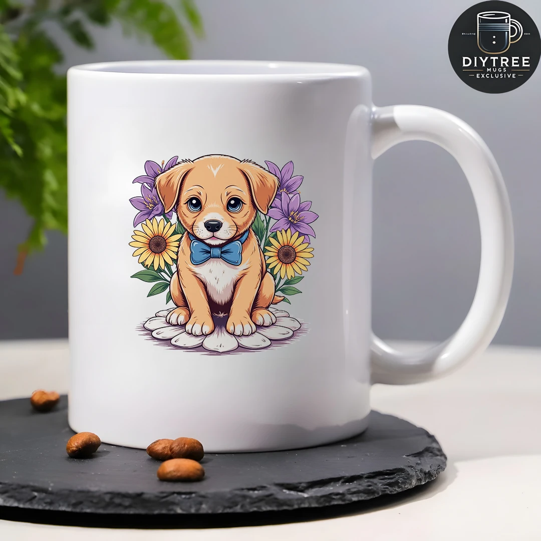 Mug Bunga Anak Anjing Kartun 11OZ Cangkir Minuman Dingin & Panas Anak-anak Hadiah Natal Keluarga Kantor