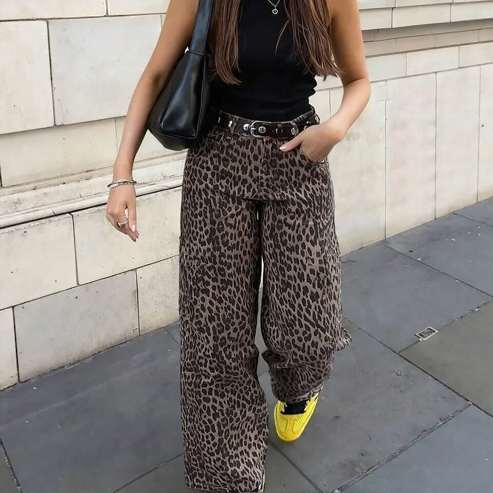 European American Vintage Women Leopard Casual Simple High Waist Trendy Floor Length Denim Trousers Female Jeans Pants Clothes