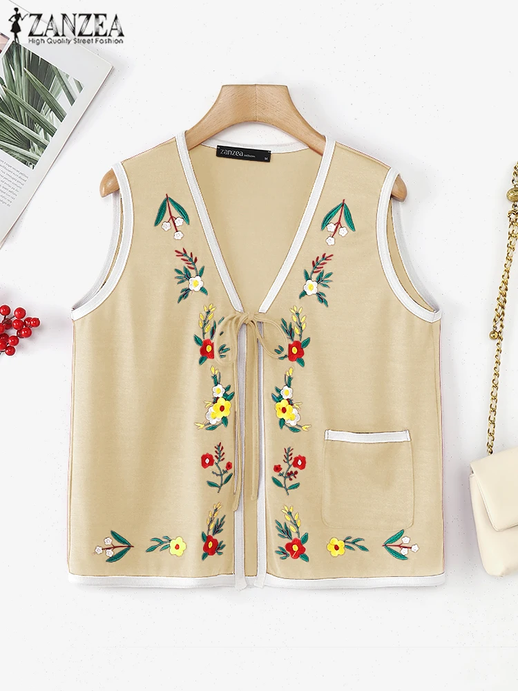 

Женский жилет в стиле ретро в богемном стиле, жилет с цветными блоками на шнуровке ZANZEA, весенняя милая майка без рукавов, повседневная вязаная туника с карманами 2025 г.