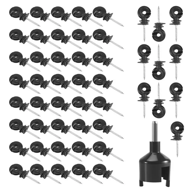 AT63-Electric Fence Insulator Fence Ring Post Wooden Post Insulator With Insulator Socket Tool, 50PCS
