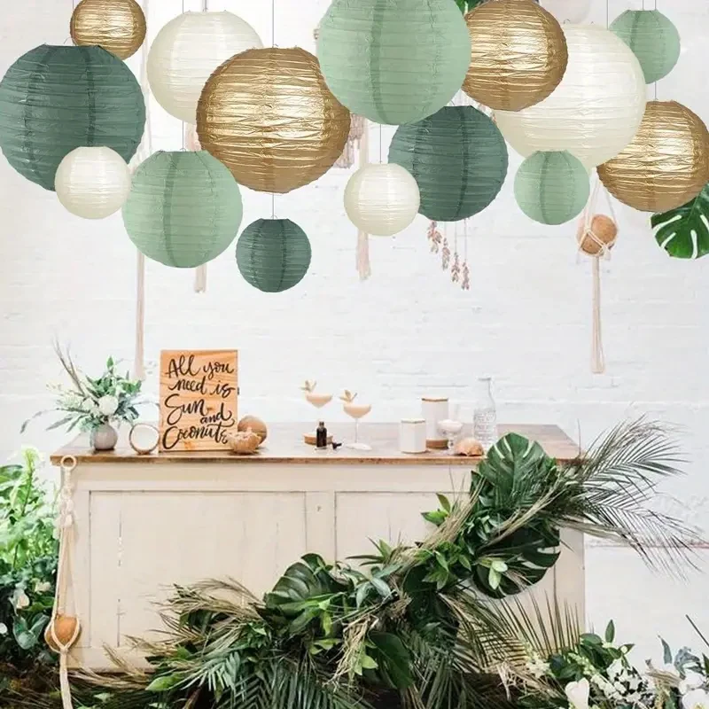 15-Piece Set of Paper Lantern Decorations, Round Hanging Paper Lantern Decorations, Suitable for Country Parties, Bridal Showers, Weddings, Gray-Green Birthday Party Supplies in Gold/Ivory/Grey-Green, Party Supplies, Ceiling Party Decorations