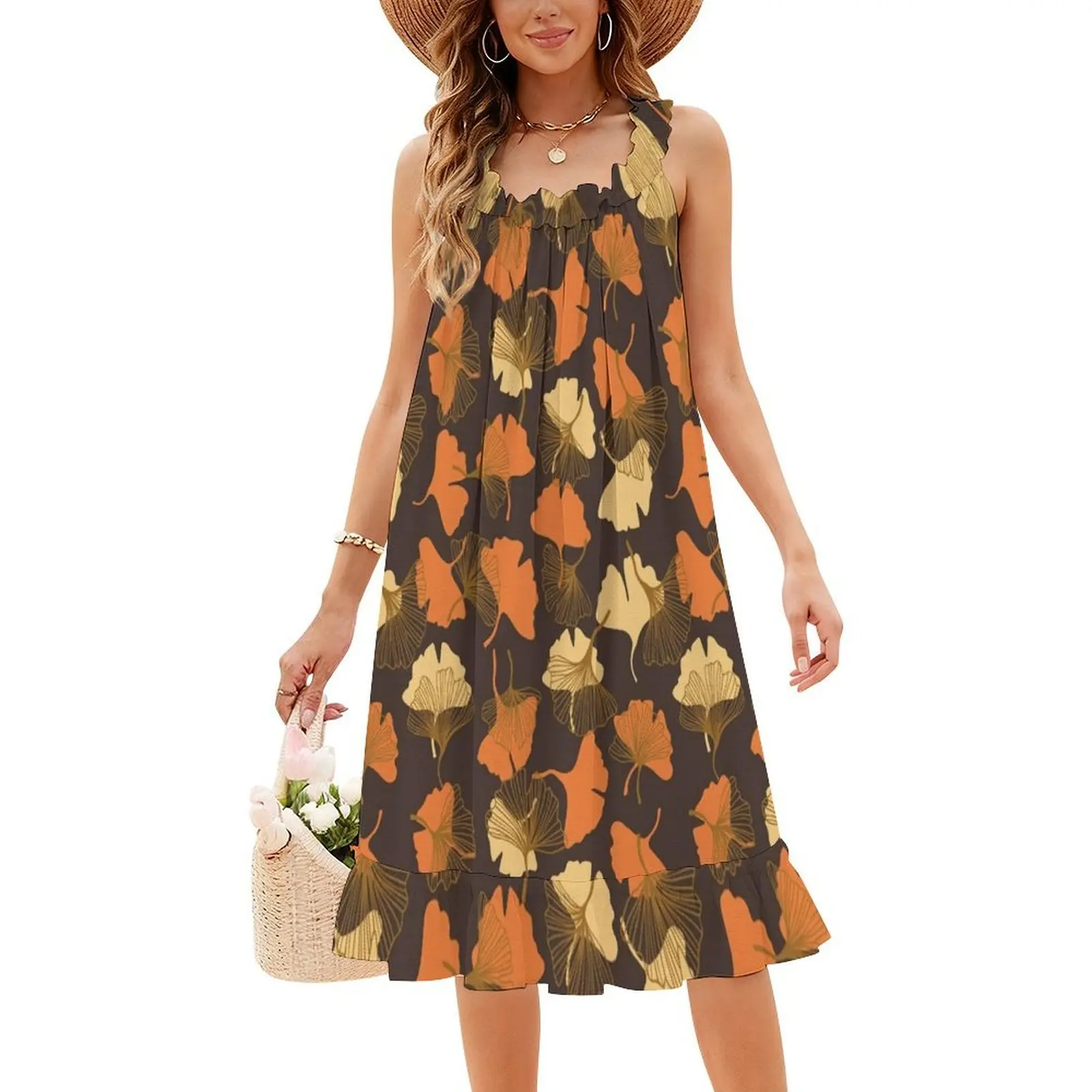 Folhas de outono boêmio vestido sem mangas para mulheres impressão praia vestidos de festa outono folhas outono padrão de folha outono roupas femininas