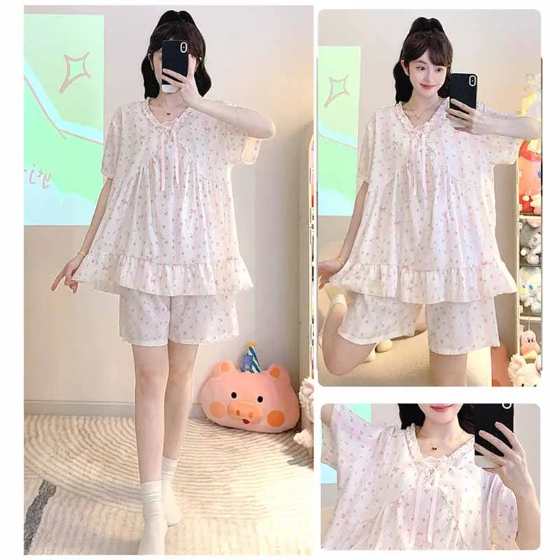 

Милые пижамы оверсайз с рюшами, 2 предмета: топ на бретельках и шорты, дышащая домашняя одежда, ночная одежда в стиле принцессы, удобная одежда для сна