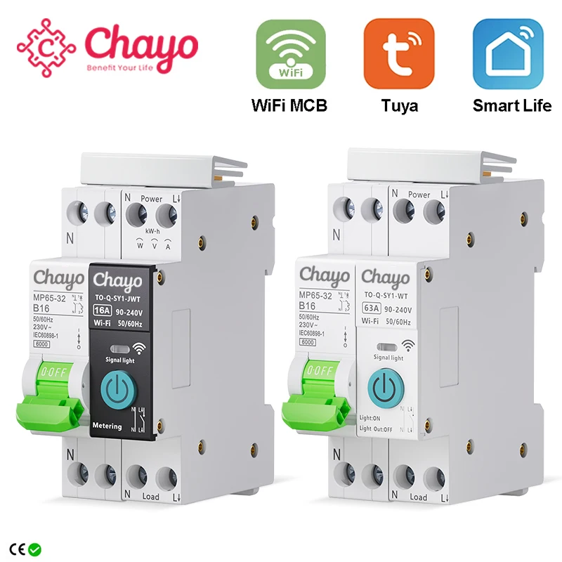 Chayo WiFi Smart MCB Din Rail Circuit Breaker , Works With Tuya Smart Life App Remote Timer Overload & Short‑Circuit Protection