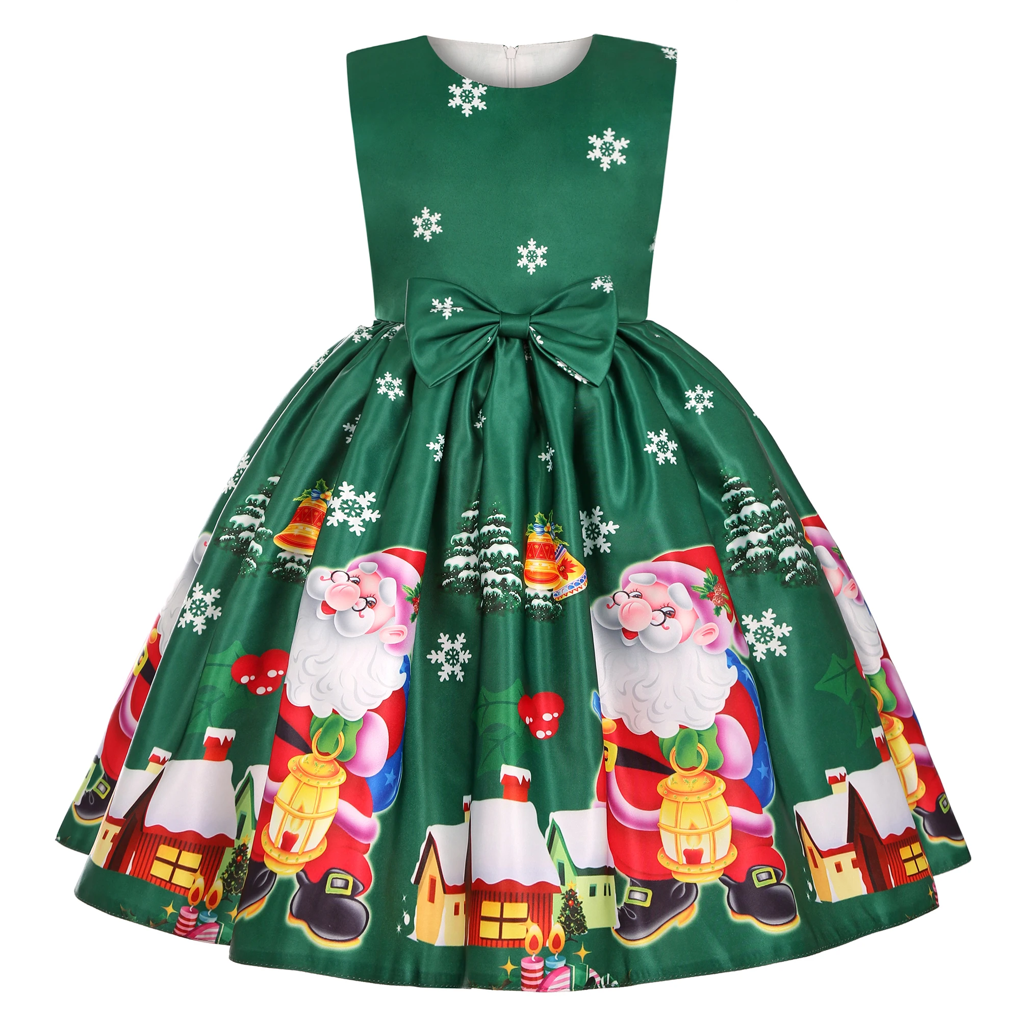 2024 New Girl Dress Santa Claus Snow Child Dress Cartoon Print Princess Dress Christmas Costume ins