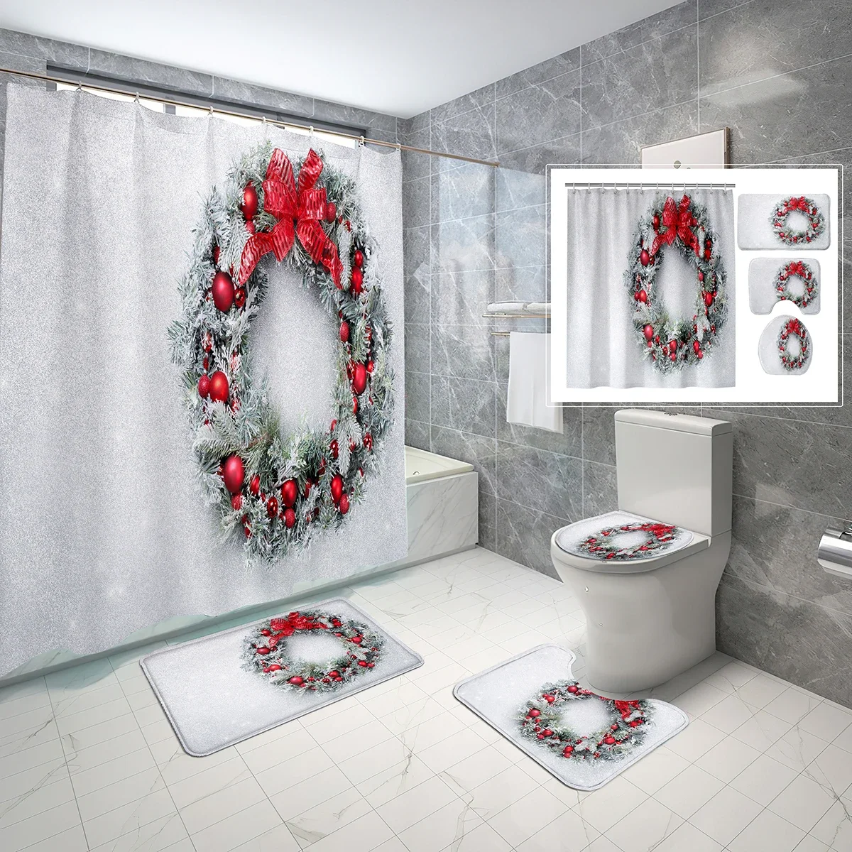 4 PCS Christmas Shower Curtain Set Classical Tinsel Christmas Ornaments Shower Curtain Bathroom Non-Slip Bath Mat Toilet Cover