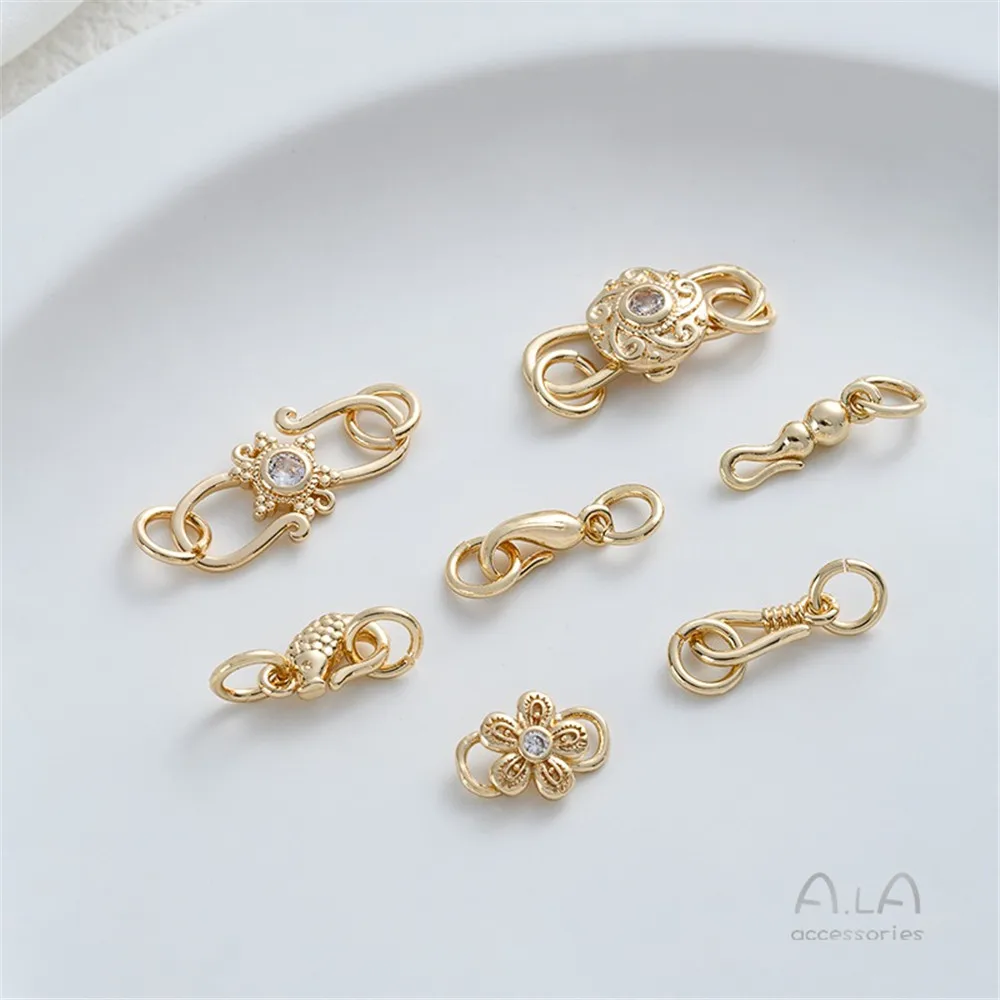 14K Gold National Style Fish Hook Buckle Flower S-shaped Buckle Handmade DIY Bracelet Necklace Connecting Buckle Accessories