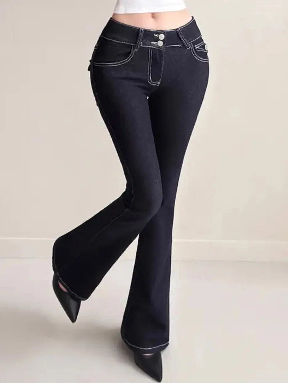 

Женские джинсы с низкой талией, высокой эластичностью, расклешенные, с подкладкой на бедрах, темно-синие, утягивающие, длинные брюки в винтажном стиле