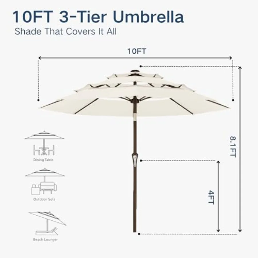 10Feet Patio Umbrella 3 Tiers Outdoor Market Umbrella w/Push Button Tilt, Crank, UV and Waterproof Table Umbrella for Garden, P